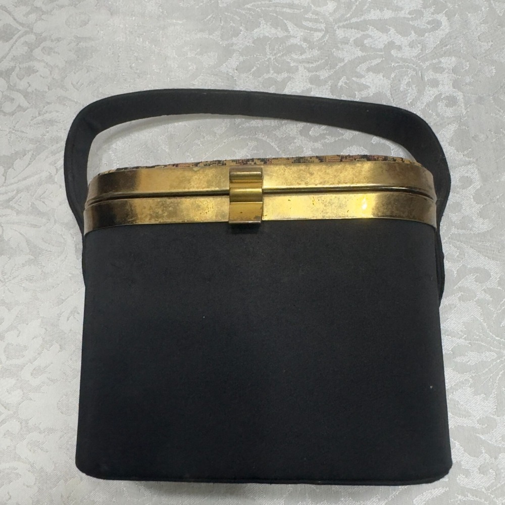Vintage Black Box Top Handbag Brass Accent Purse Needle Point Petit Tapestry 60s - Picture 3 of 12